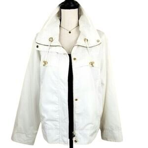 Spanner Women Rain Jacket L Ivory Satin Gold Zip Utility Rain Coastal Modern
